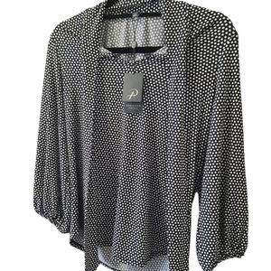 Adrianna Papell Tie Neck Yoke Detail Knit Top Black and White Polka Dots Small S